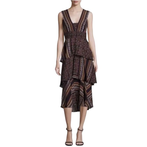 A.L.C. Hayley Tiered Silk Scarf-Print Midi Dress SZ 4 Black Brown Gold - Picture 2 of 13